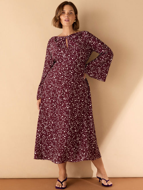 Burgundy Spot Print Keyhole Midi Dress