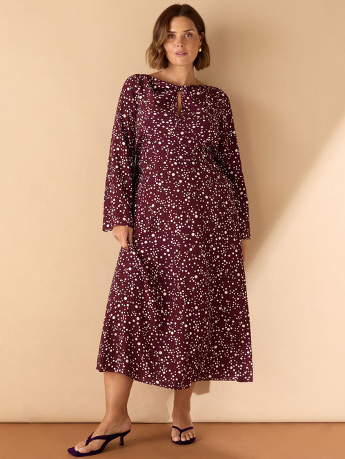 Burgundy Spot Print Keyhole Midi Dress