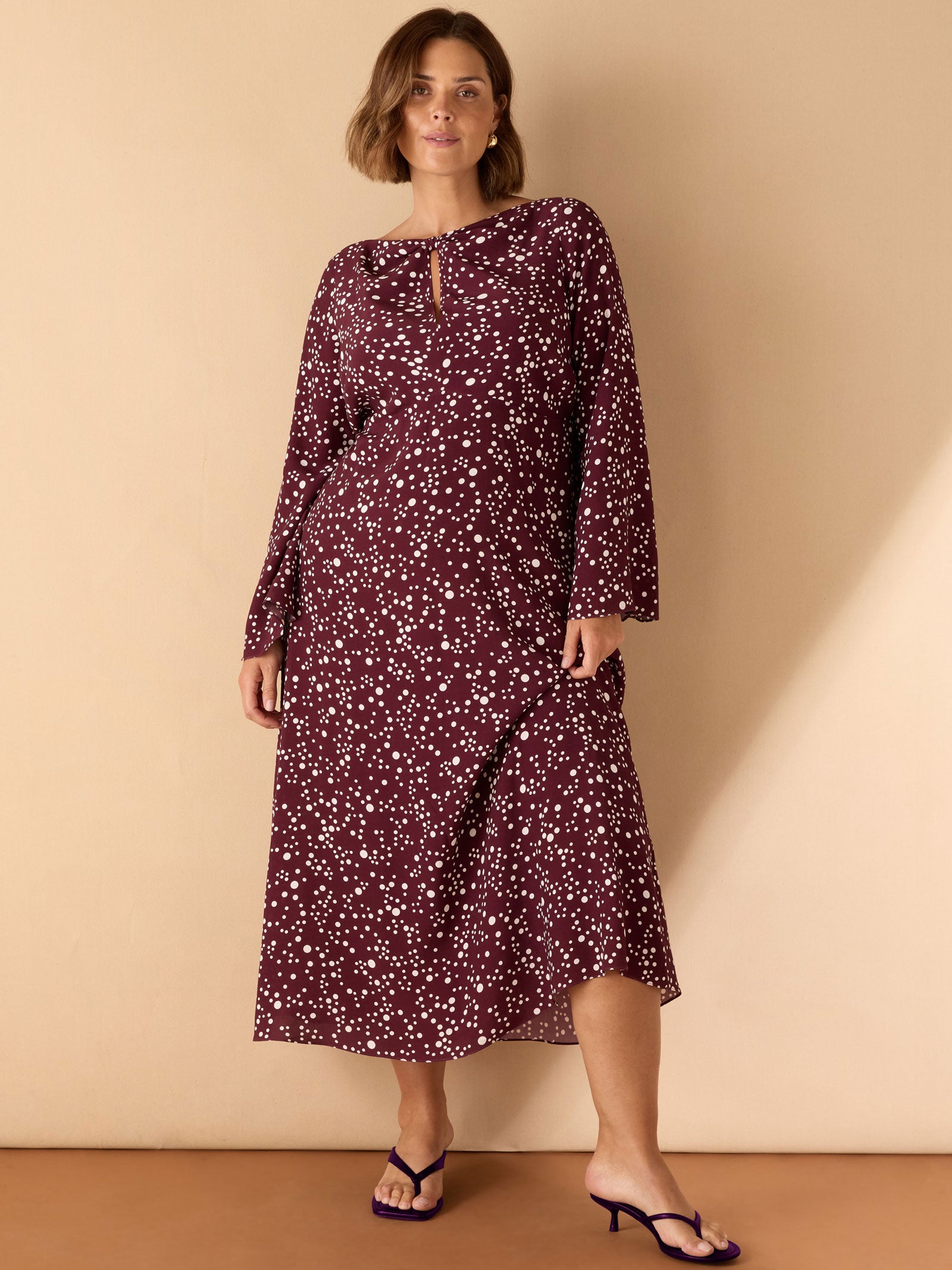 Burgundy Spot Print Keyhole Midi Dress