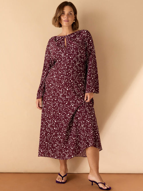 Burgundy Spot Print Keyhole Midi Dress