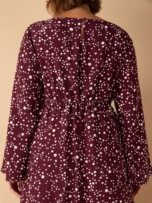 Burgundy Spot Print Keyhole Midi Dress