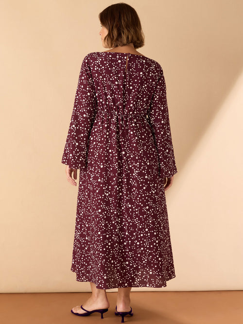 Burgundy Spot Print Keyhole Midi Dress