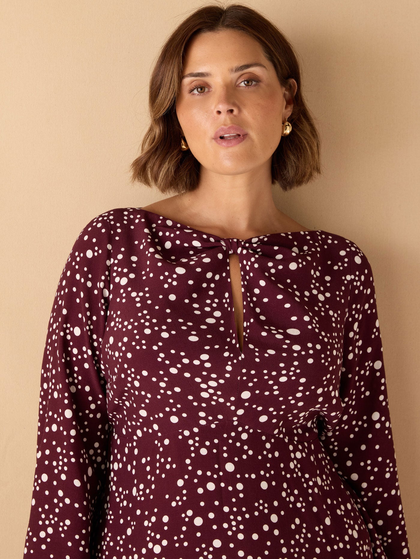Burgundy Spot Print Keyhole Midi Dress