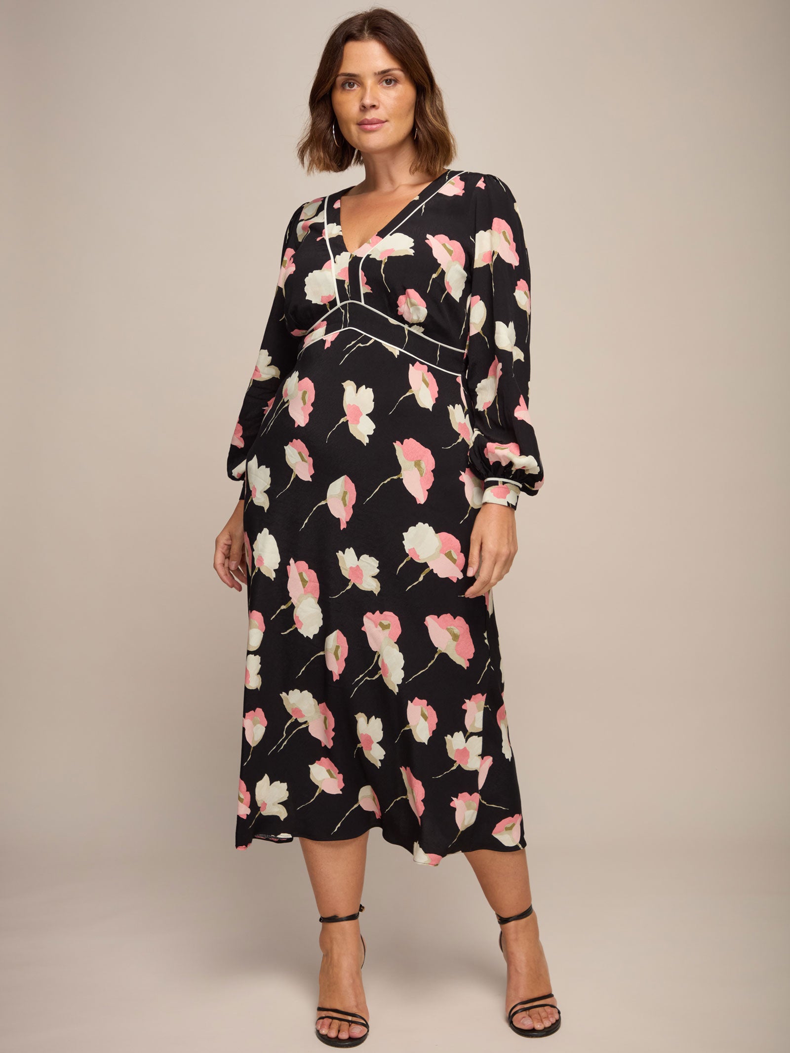 Black Floral Print Empire Midi Dress With Piping Detail