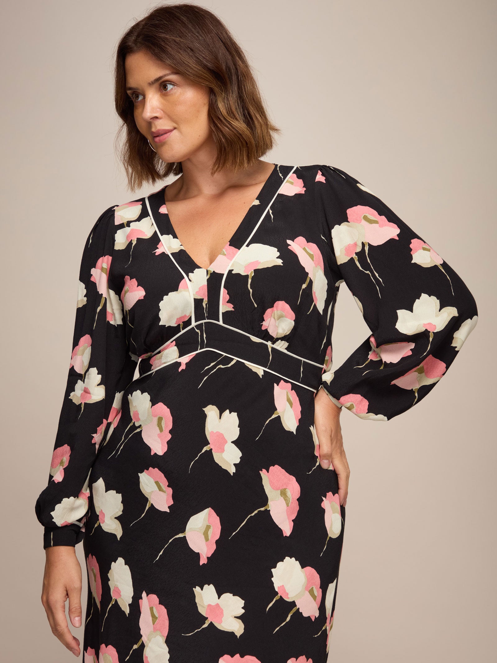 Black Floral Print Empire Midi Dress With Piping Detail