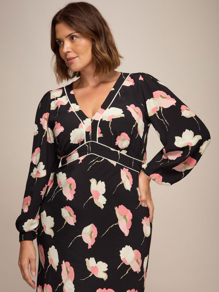 Petite Black Floral Print Empire Midi Dress With Piping Detail