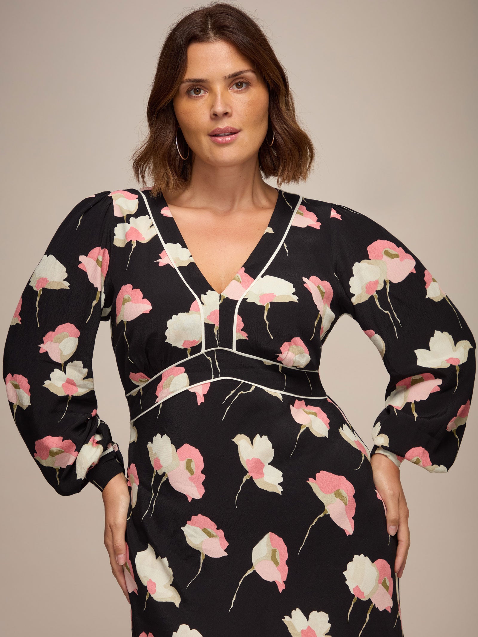 Black Floral Print Empire Midi Dress With Piping Detail