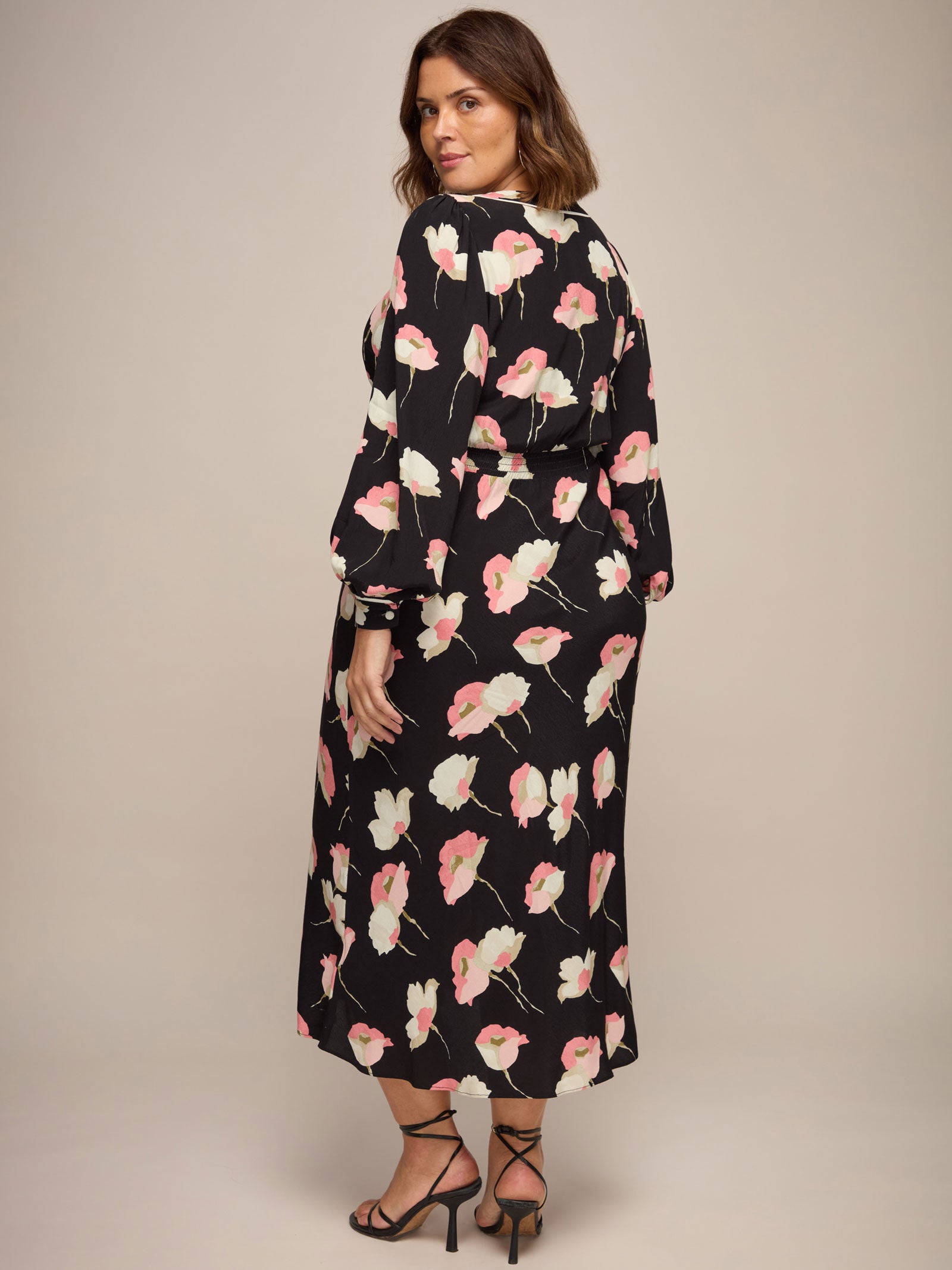 Black Floral Print Empire Midi Dress With Piping Detail