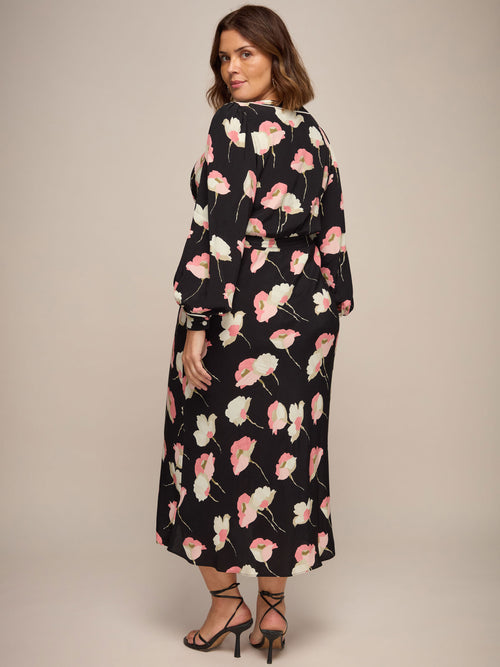 Black Floral Print Empire Midi Dress With Piping Detail