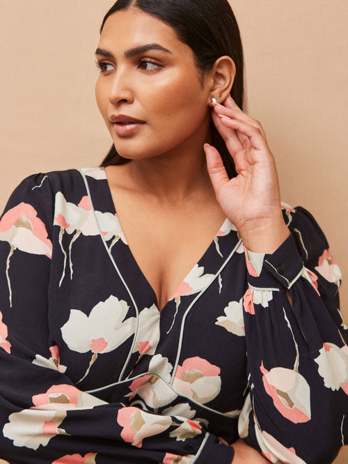 Black Floral Print Piping Detail Dress