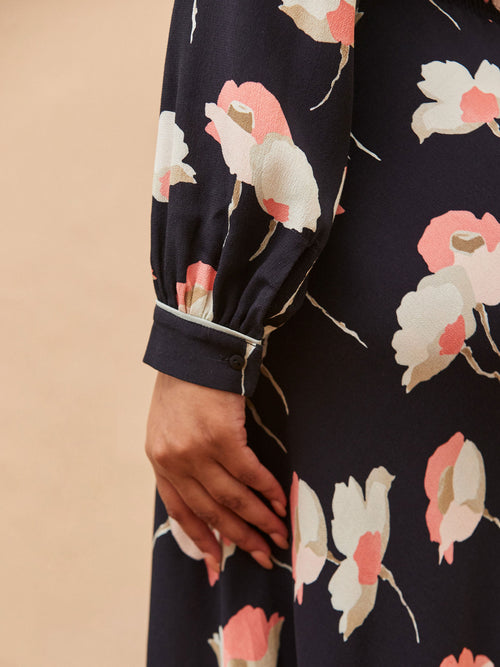 Black Floral Print Piping Detail Dress