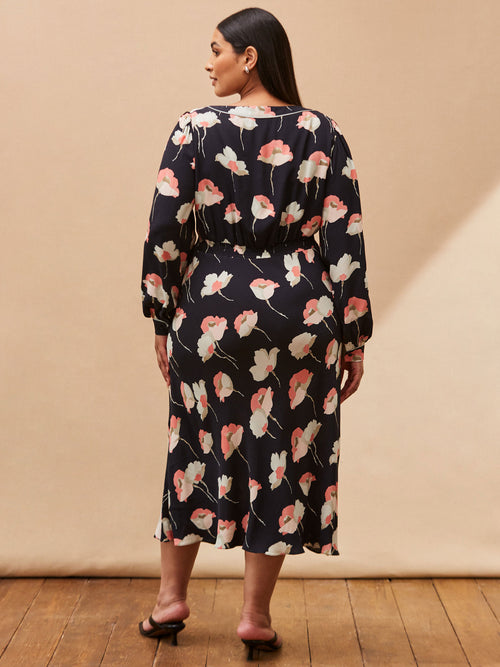 Black Floral Print Piping Detail Dress