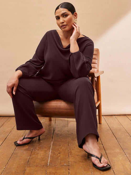 Petite Chocolate Button Detail Wide Leg Trouser