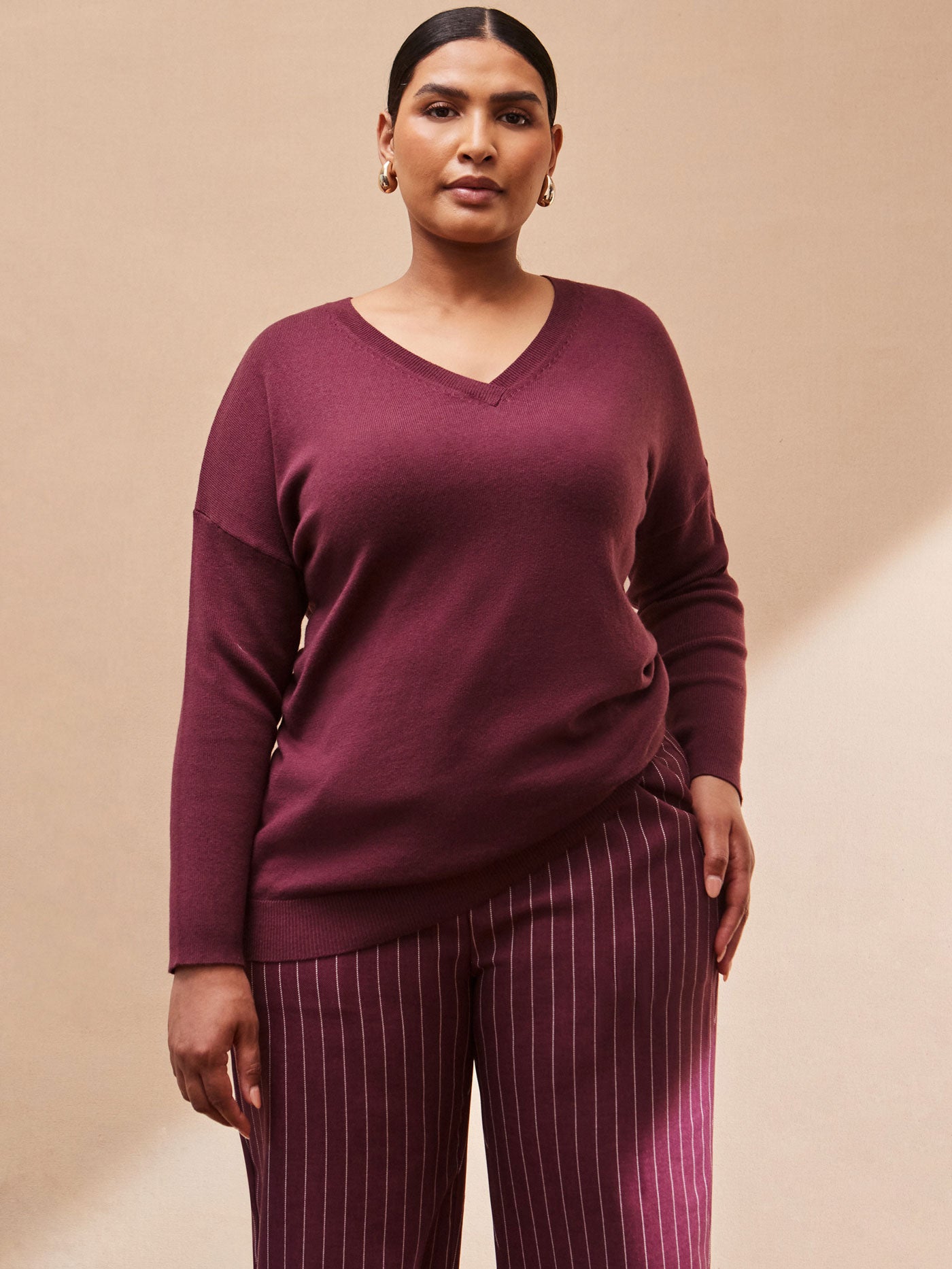 Burgundy Pinstripe Button Detail Wide Leg Trouser