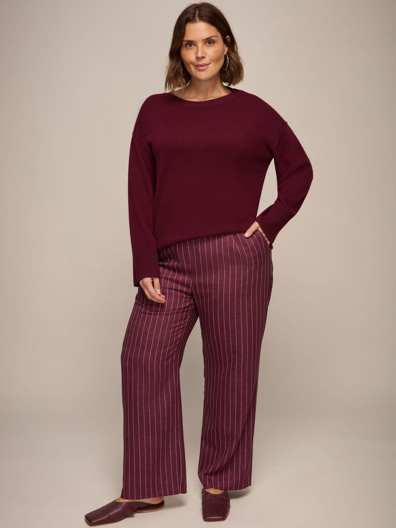 Burgundy Pinstripe Button Detail Wide Leg Trouser