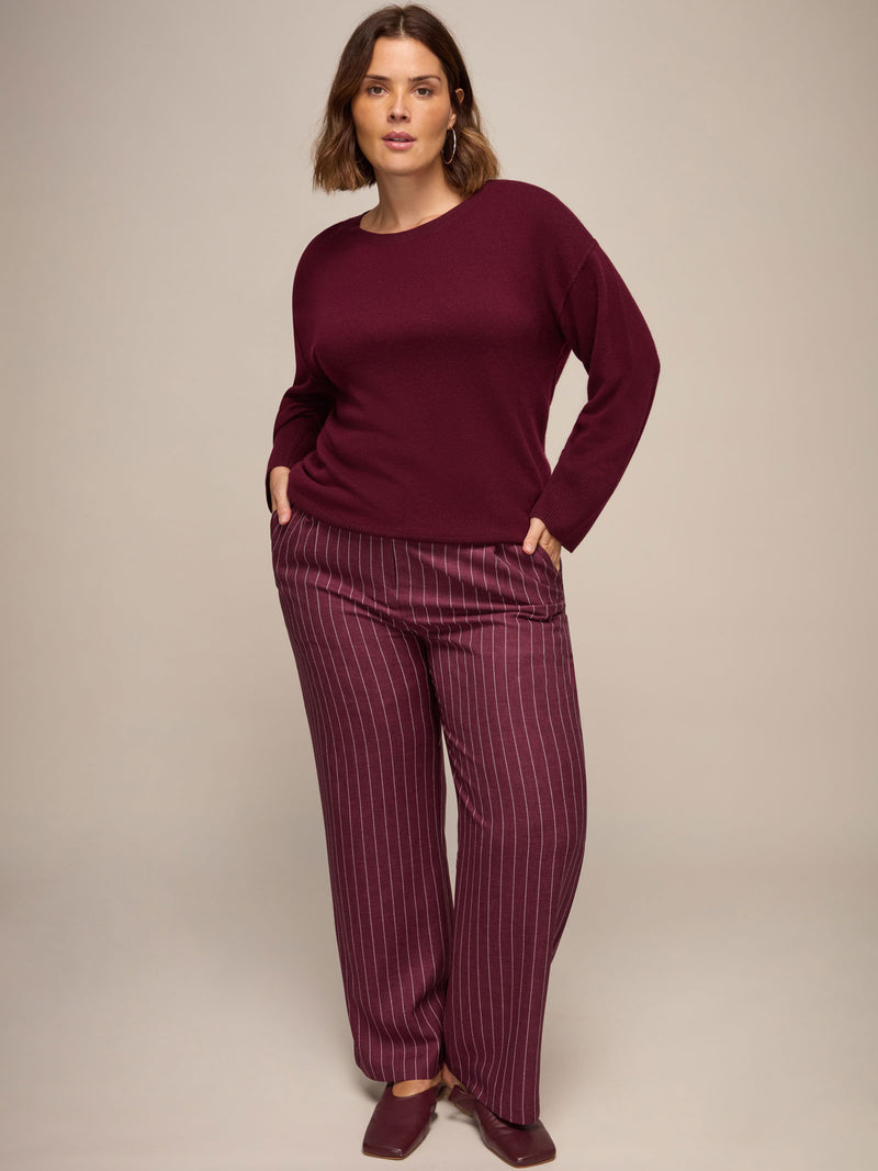 Burgundy Pinstripe Button Detail Wide Leg Trouser