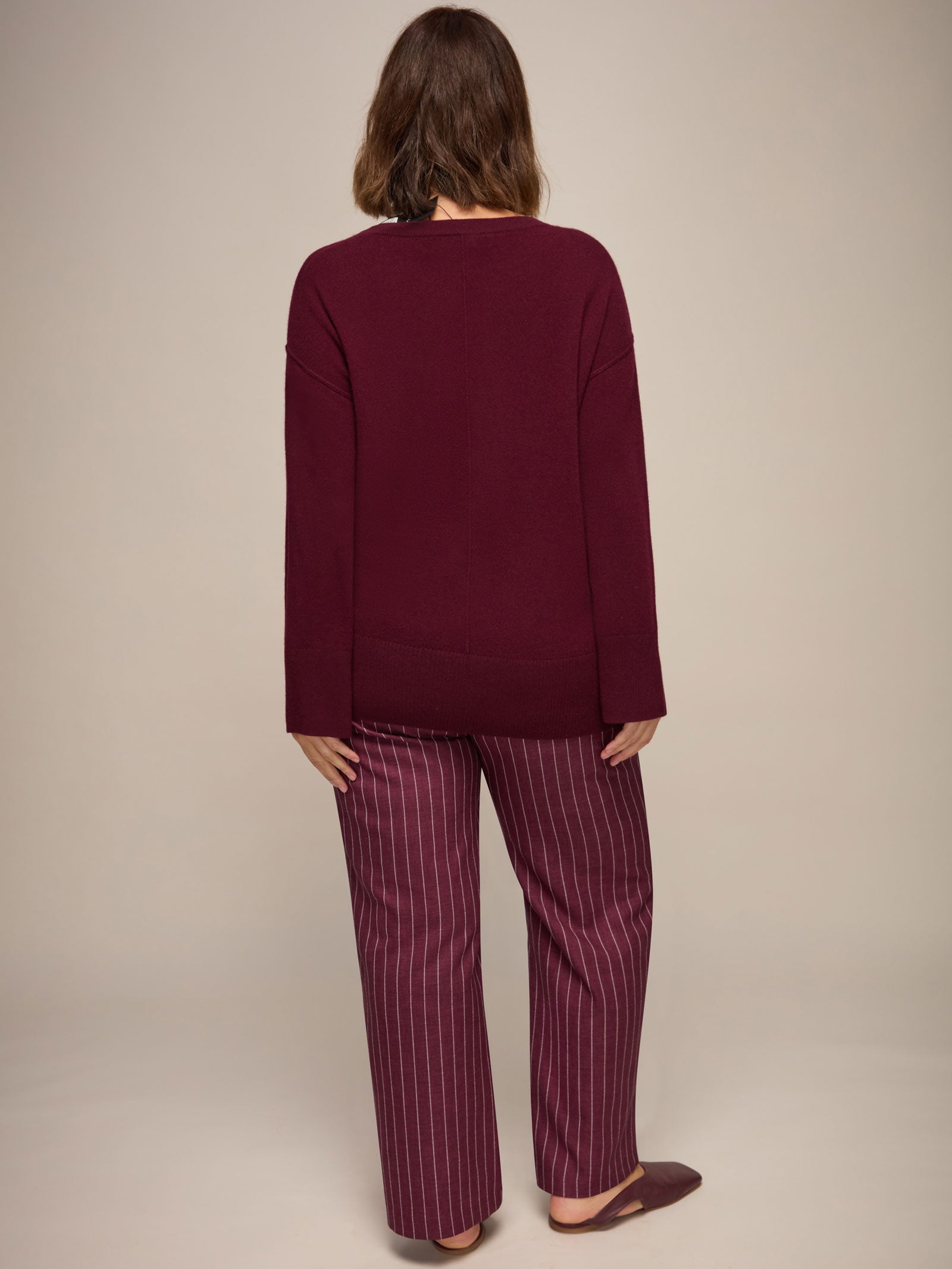 Burgundy Pinstripe Button Detail Wide Leg Trouser