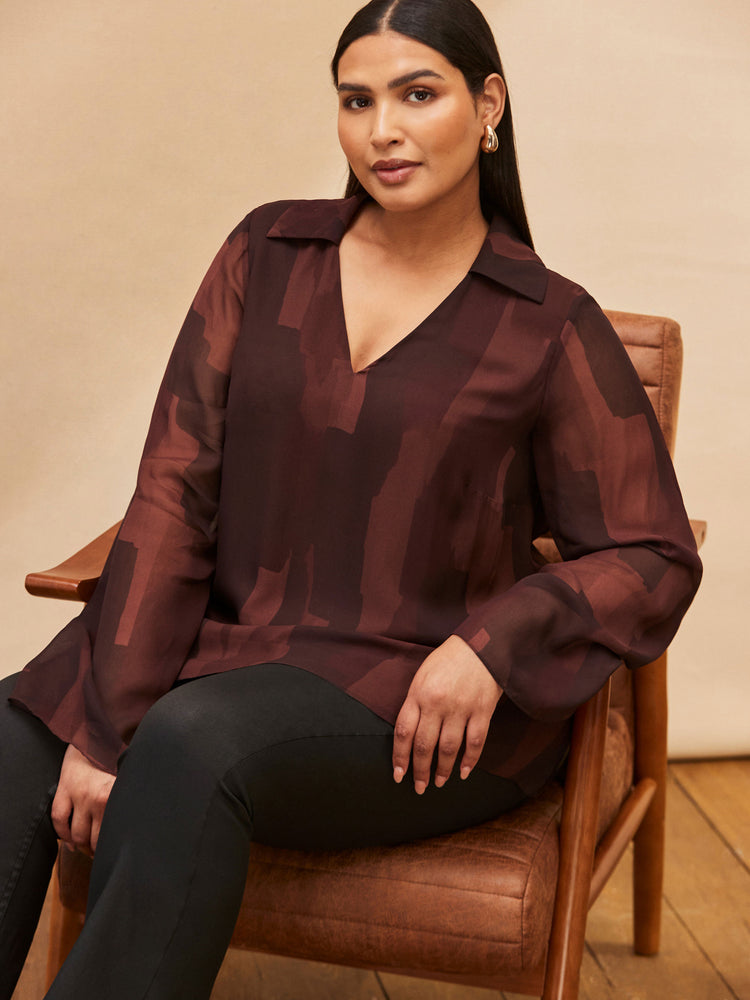 Chocolate Abstract Print V Neck Collared Tunic