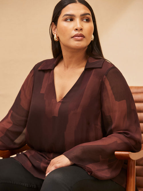 Chocolate Abstract Print V Neck Collared Tunic