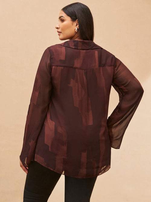 Chocolate Abstract Print V Neck Collared Tunic
