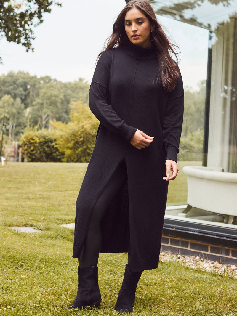 Black Cashmere-Blend Split Front Roll Neck Knit Jumper