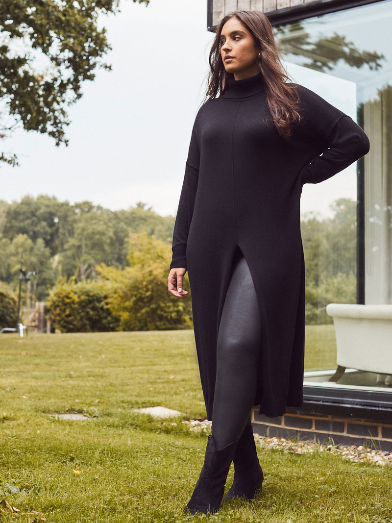 Black Cashmere-Blend Split Front Roll Neck Knit Jumper