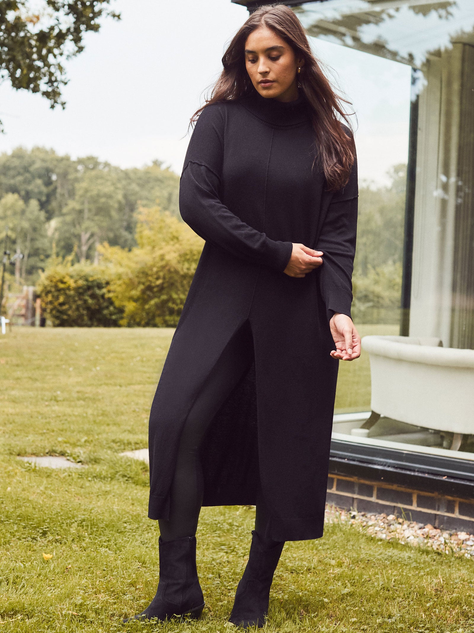 Black Split Front Roll Neck Tunic