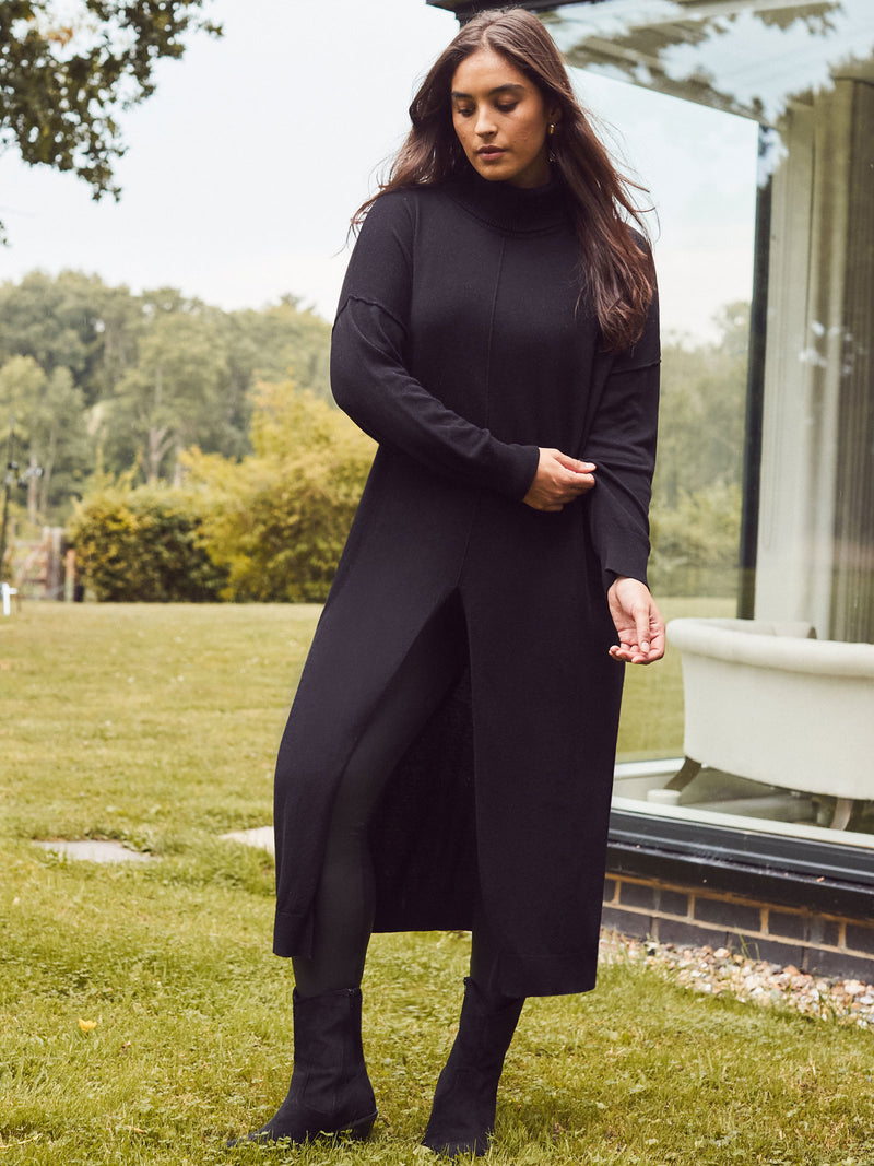 Black Cashmere-Blend Split Front Roll Neck Knit Jumper