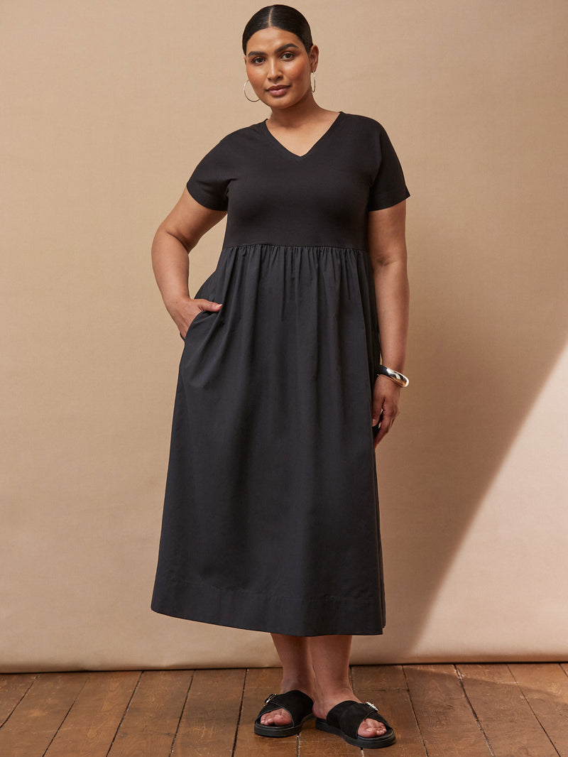 Black Jersey Woven Mix T-Shirt Dress