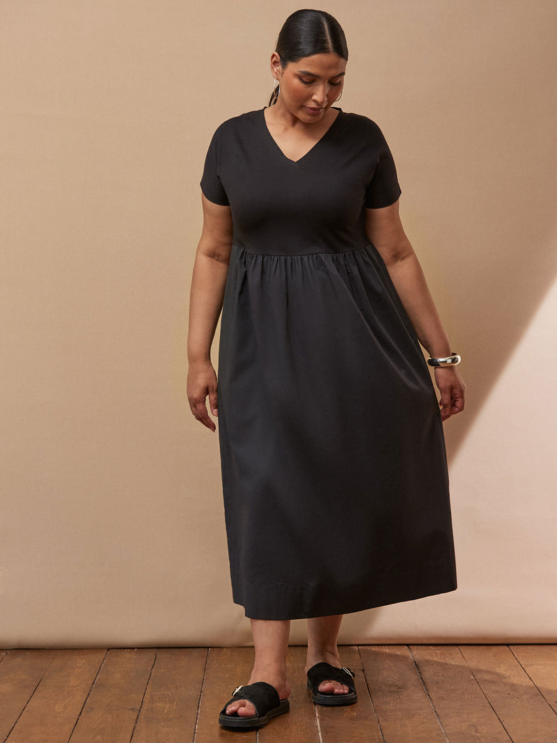 Black Jersey Woven Mix T-Shirt Dress