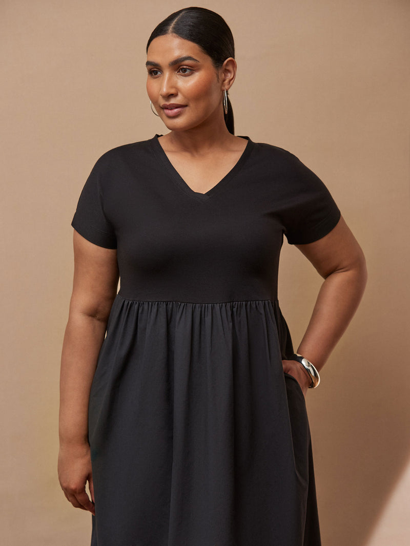 Black Jersey Woven Mix T-Shirt Dress