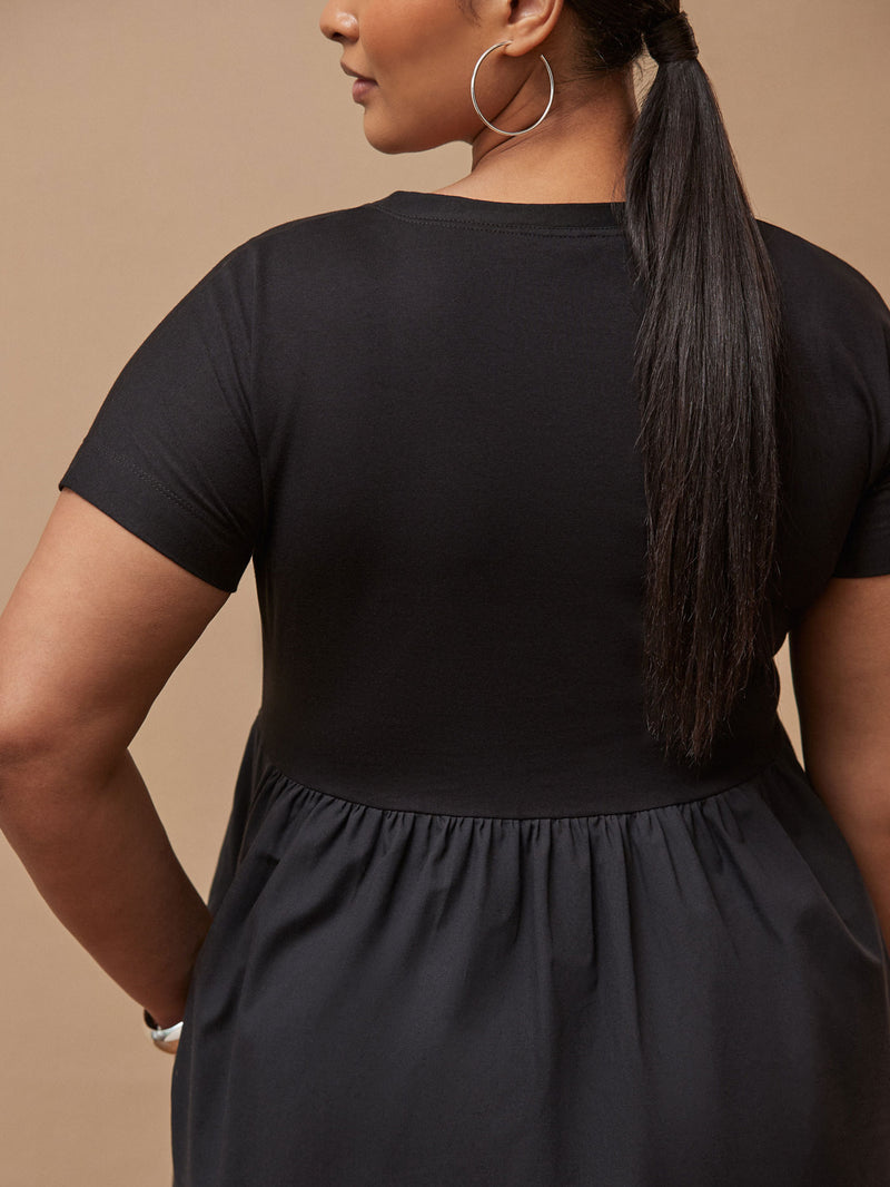 Black Jersey Woven Mix T-Shirt Dress