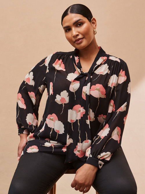 Black Floral Print High Neck Blouse
