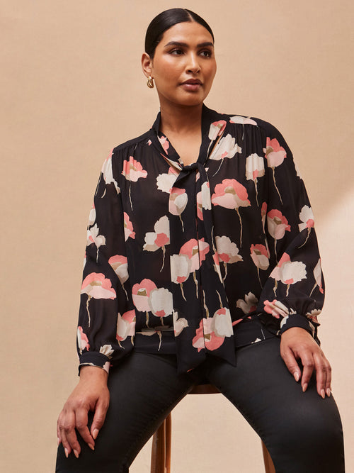 Black Floral Print High Neck Blouse