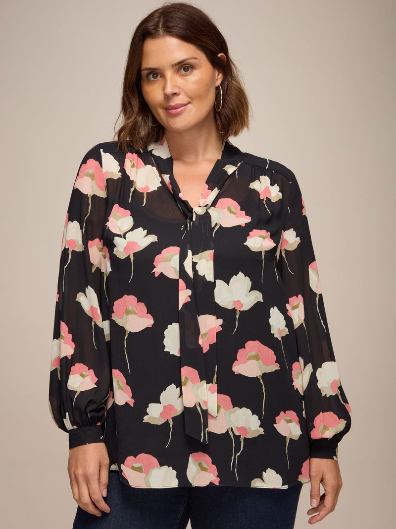 Black Floral Print Tie Neck Blouse