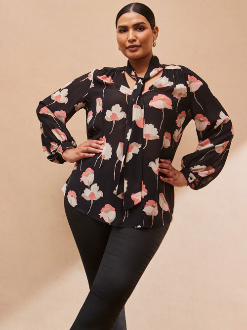 Black Floral Print High Neck Blouse