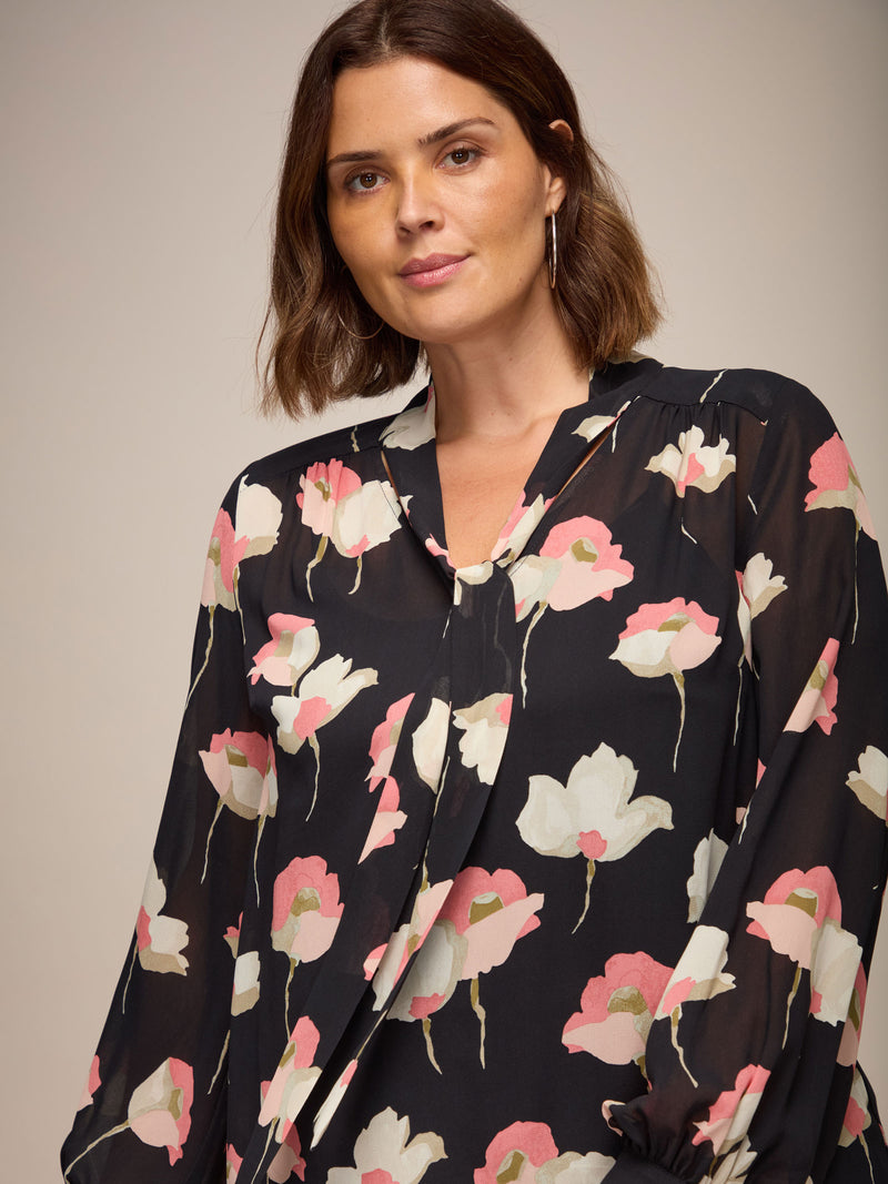Black Floral Print Tie Neck Blouse