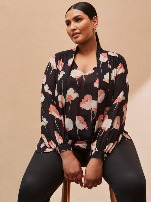 Black Floral Print High Neck Blouse