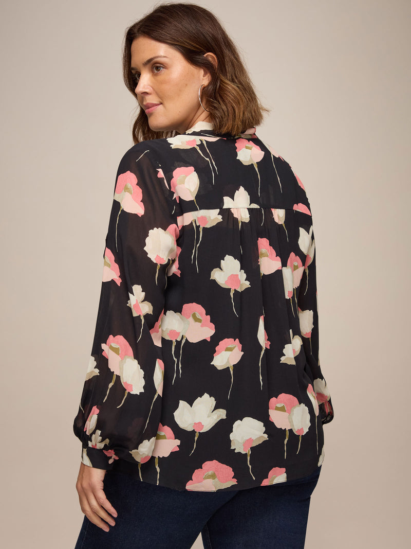 Black Floral Print Tie Neck Blouse
