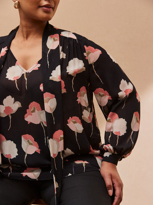 Black Floral Print High Neck Blouse
