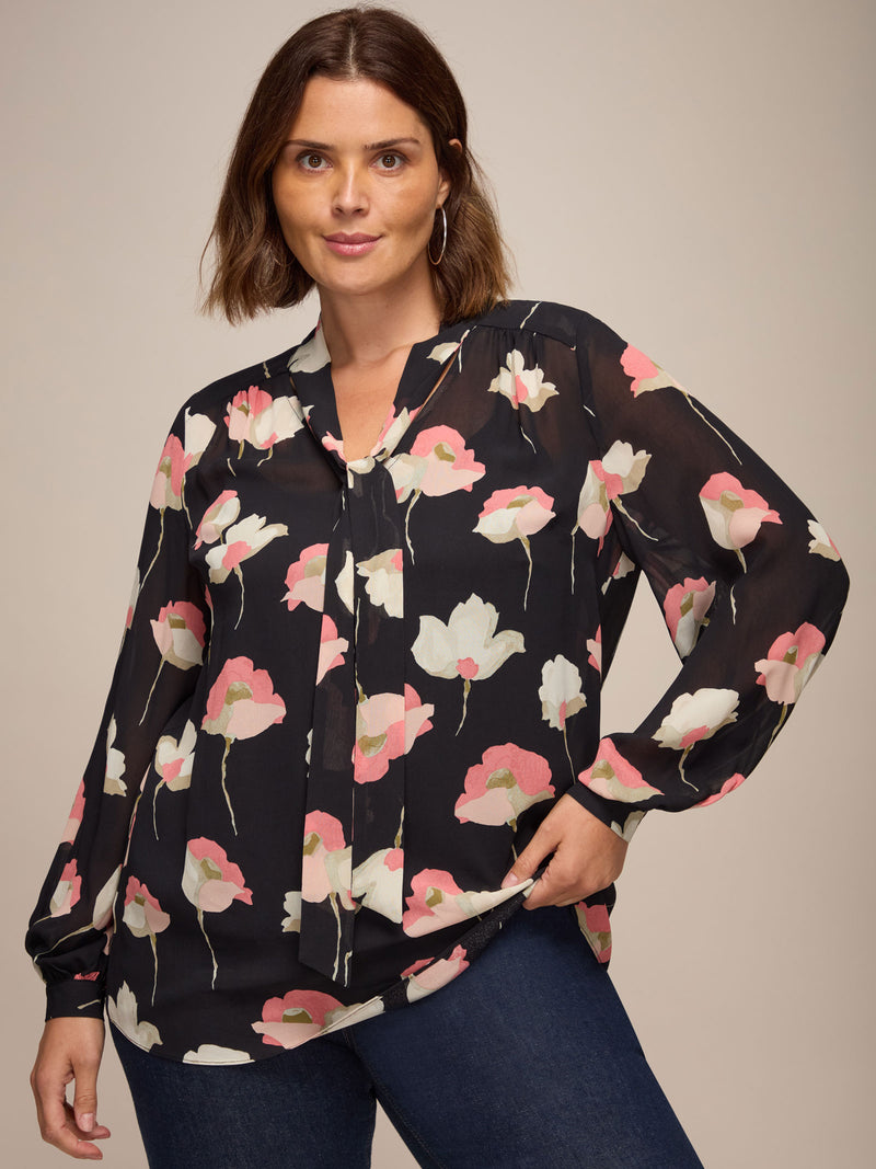 Black Floral Print Tie Neck Blouse