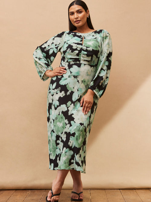 Green Floral Print Ruched Maxi Dress