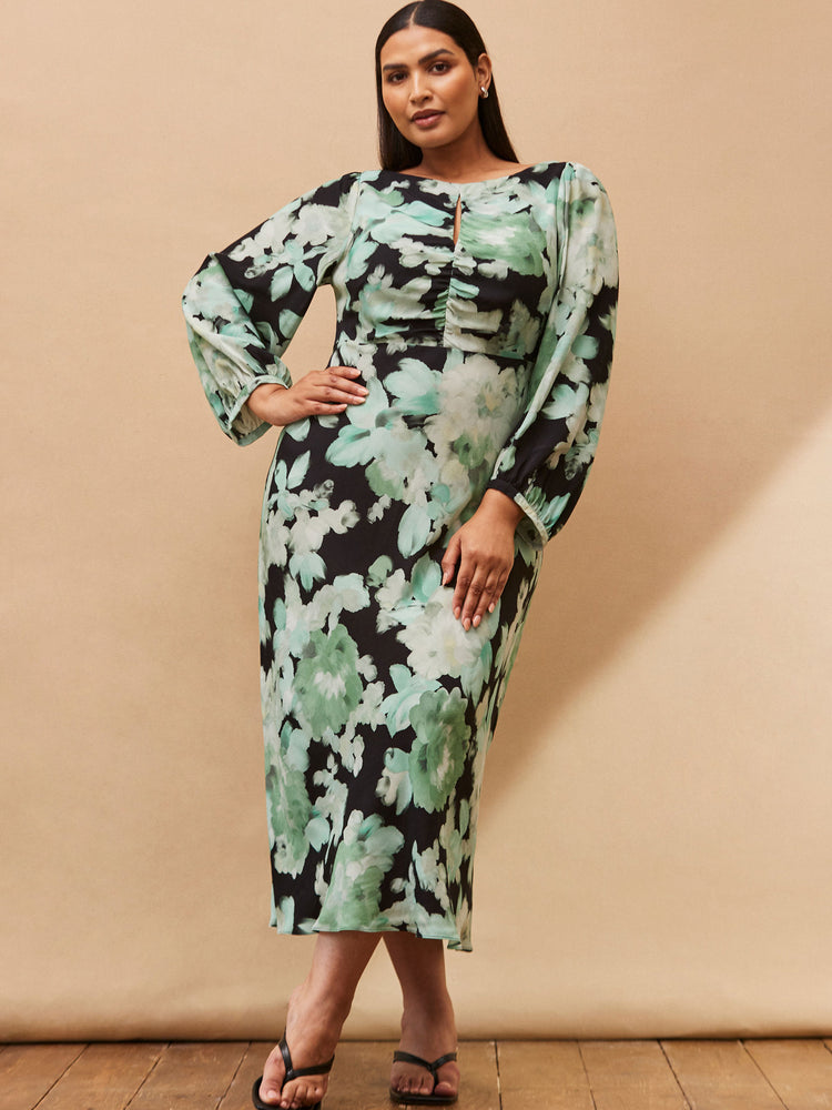 Green Floral Print Ruched Maxi Dress