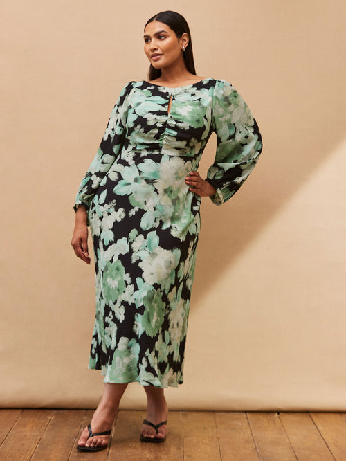 Green Floral Print Ruched Maxi Dress