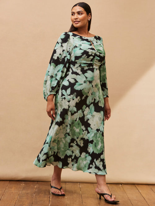 Green Floral Print Ruched Maxi Dress