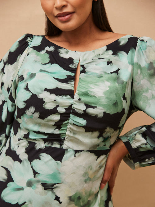 Green Floral Print Ruched Maxi Dress