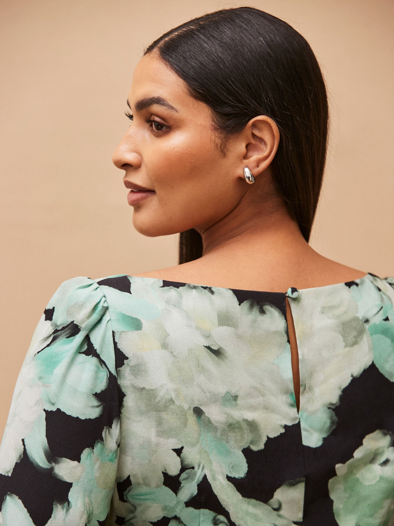Green Floral Print Ruched Maxi Dress
