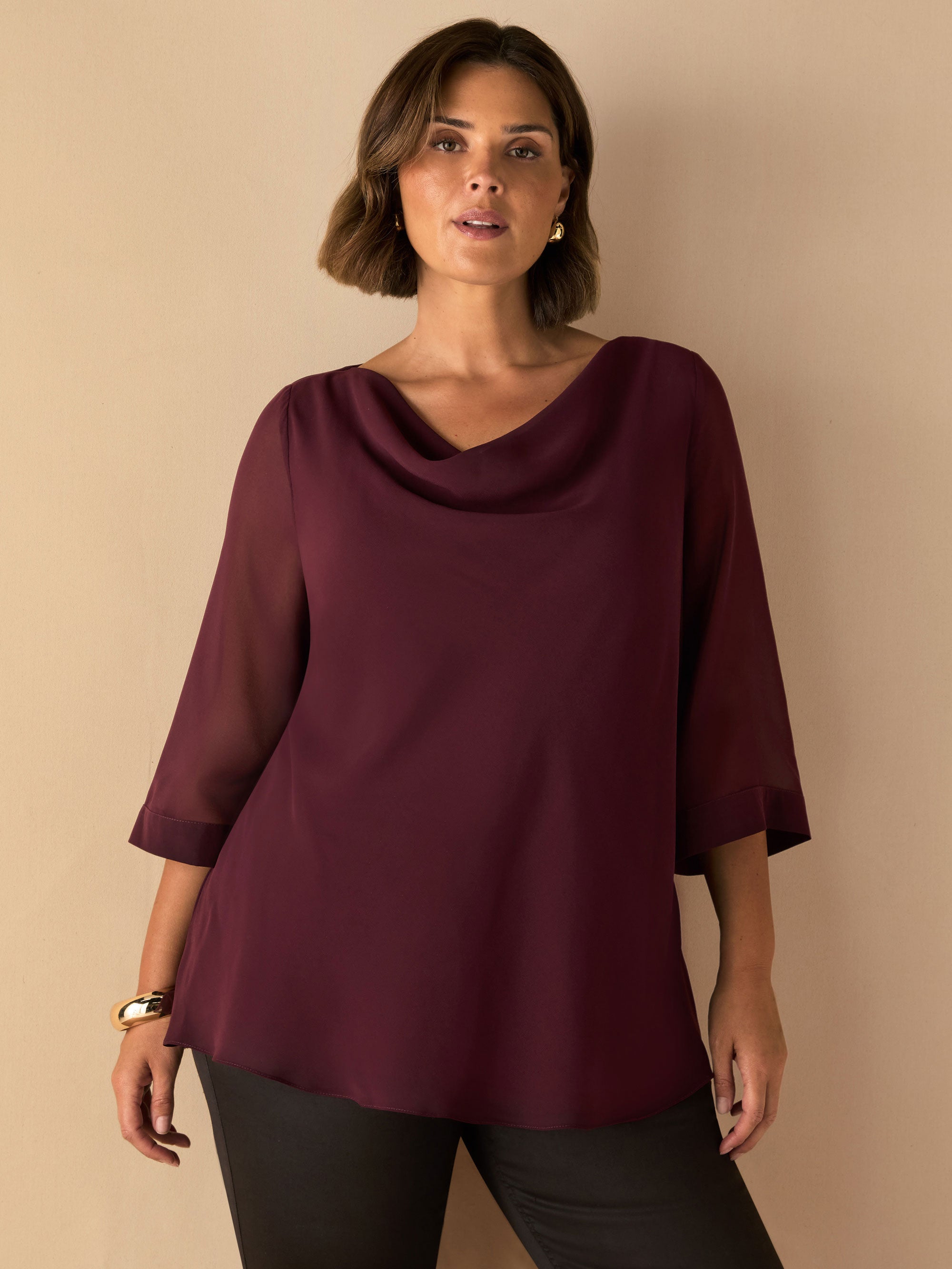 Burgundy Cowl Neck Overlay Top