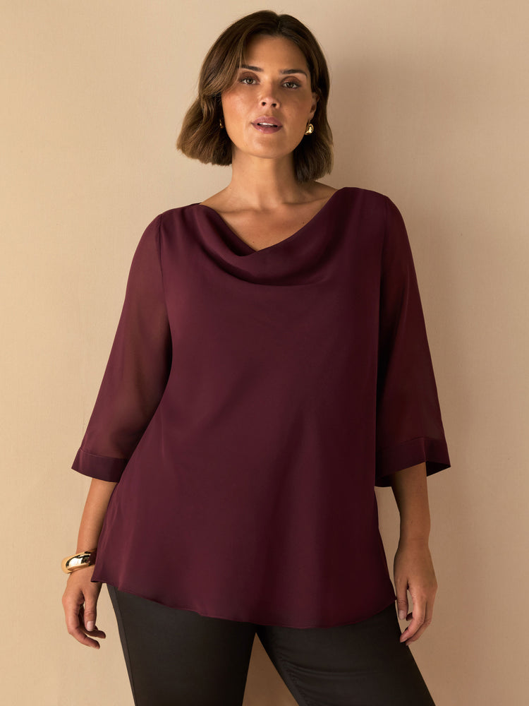 Burgundy Cowl Neck Overlay Top