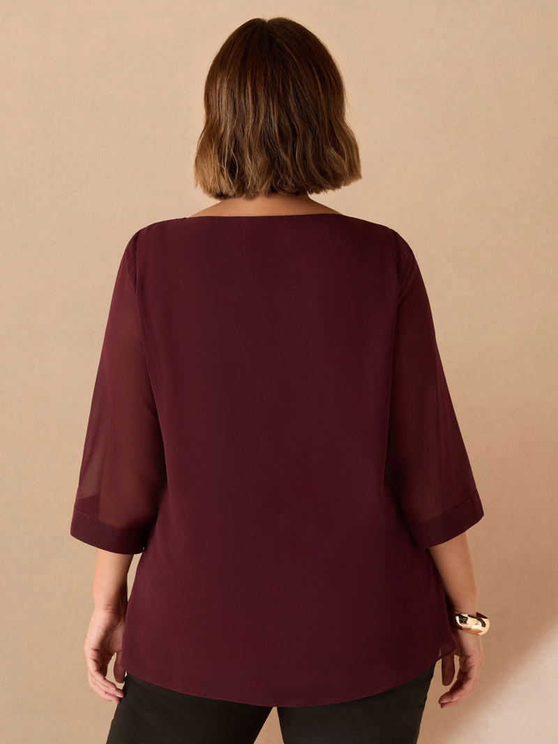 Burgundy Cowl Neck Overlay Top